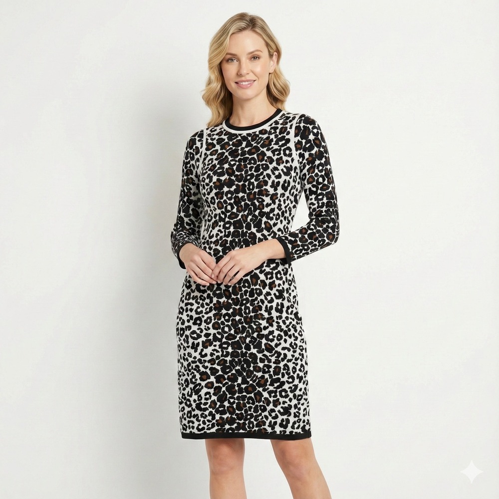 ALC Leopard Animal Print Knit Sweater Dress‎ Size M Black Wool Cashmere Blend